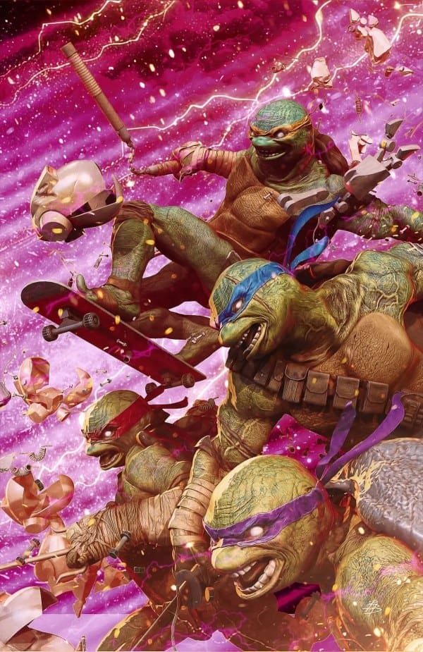 Four Teenage Mutant Ninja Turtles in combat stances, each with colored masks and weapons, set against a neon pink space backdrop.