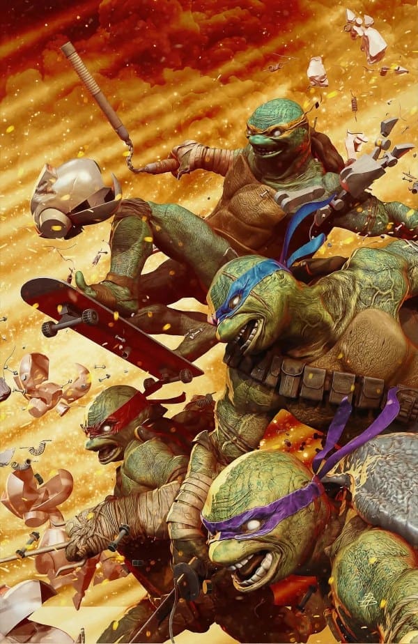 Three Ninja Turtles in colorful masks fight in a blazing, debris-filled battle scene, each wielding weapons and leaping forward.