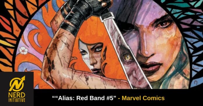 Vivid comic panel of a woman with orange hair wielding a knife, bold backdrop, Nerd Initiative logo bottom left, caption: 'Alias: Red Band #5' — Marvel Comics.