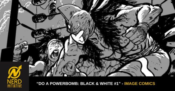 Black-and-white comic panel showing a giant creature punching a fighter as a terrified bystander screams, set in a wrestling-ring scene.