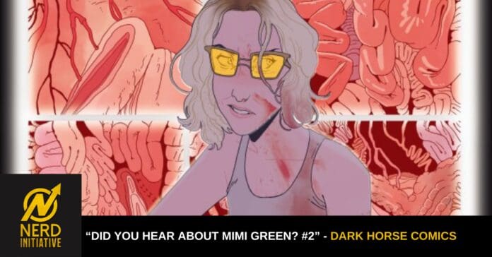 Cartoon woman with lavender skin and white hair wearing yellow glasses sits against a red, abstract intestines background; bottom banner shows 'Did you hear about Mimi Green? #2'.