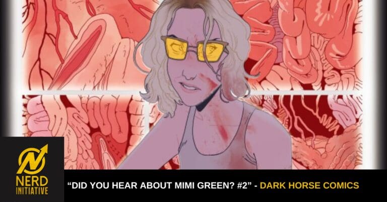 Cartoon woman with lavender skin and white hair wearing yellow glasses sits against a red, abstract intestines background; bottom banner shows 'Did you hear about Mimi Green? #2'.