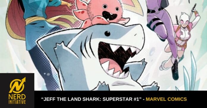 Promotional comic illustration: a large shark with an open mouth, a pink creature on its head, a blue-clad hero riding the shark, and a purple-clad fighter in action; bottom banner shows 'Jeff the Land Shark: Superstar #1' (Marvel Comics).