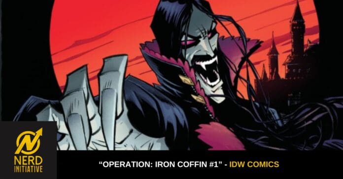Vampire comic character with long black hair and fangs, dramatic red background, cover art for Operation: Iron Coffin #1 by IDW Comics, plus Nerd Initiative logo.