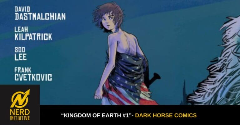 Comic book cover showing a woman wrapped in an American flag cloak against a blue background; credits text on left and 'Kingdom of Earth #1' at bottom.
