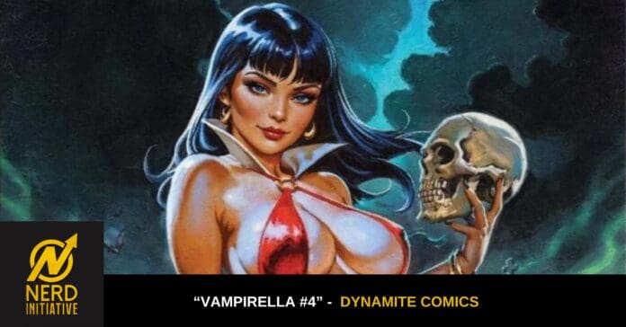 Vampirella #4 cover: seductive vampire woman in white/red outfit holds a skull against a dark blue, smoky background, with Nerd Initiative branding at bottom left.