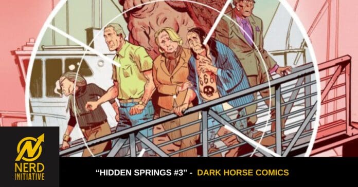 Diverse group of people walking on a metal catwalk, framed by a circular overlay on a Dark Horse comics cover.