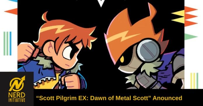 Banner-style illustration of two cartoon fighters facing off, with the Nerd Initiative logo in the corner and the caption: “Scott Pilgrim EX: Dawn of Metal Scott Anounced.”