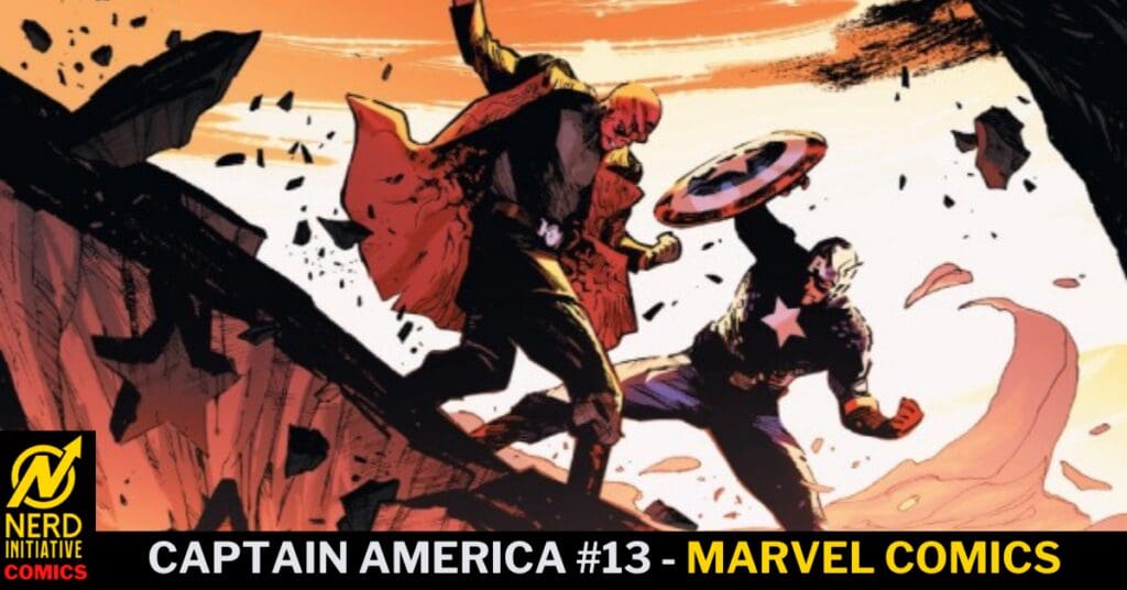 Comic book cover of Captain America #13 showing Captain America fighting a red-cloaked villain on a rocky ledge at sunset; Marvel Comics.