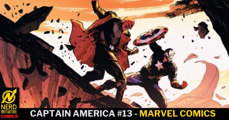Comic book cover of Captain America #13 showing Captain America fighting a red-cloaked villain on a rocky ledge at sunset; Marvel Comics.