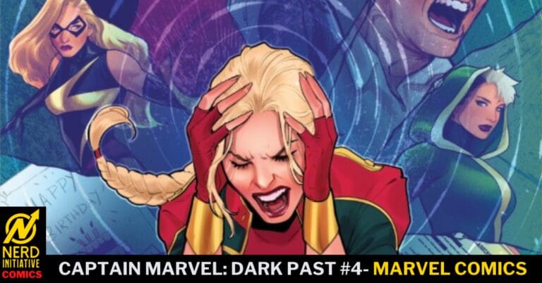 Comic book cover: Captain Marvel in red-green suit crying with hands on head, two allies in the background; Dark Past #4 Marvel Comics title visible.