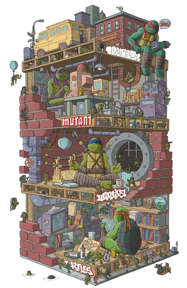 Cross-section of a multi-level Teenage Mutant Ninja Turtles lair inside a brick tower, filled with gadgets, ladders, and pipes, with a city street above and a yellow bus on top.