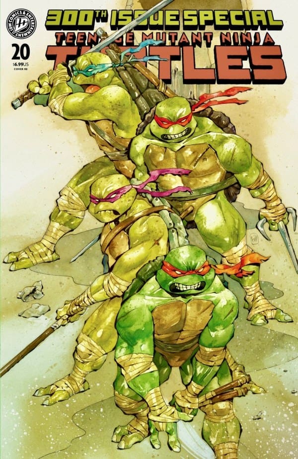 TMNT 300th Issue Special comic cover showing the four green mutant turtles in action poses with weapons (swords and staff) and colored masks.