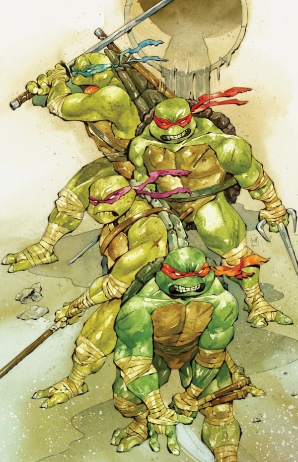 Three Teenage Mutant Ninja Turtles wearing colored masks and wielding weapons, in a combat-ready group pose.