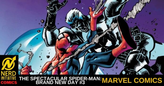 Comic book banner showing Spider-Man in red-and-blue costume battling a villain with a rope, with Nerd Initiative Comics logo and caption 'The Spectacular Spider-Man: Brand New Day #3' Marvel Comics.