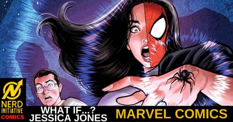 Comic book cover: Spider-Man reaches toward a terrified woman as a spider sits on his wrist, with bold 'What If...? Jessica Jones' and 'Marvel Comics' banners at the bottom.