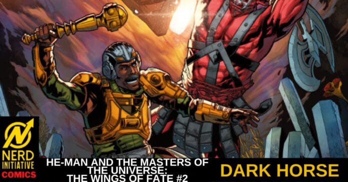Comic book cover: a green-and-gold armored warrior fights a red-armored foe amid a ruined battlefield; includes Nerd Initiative Comics logo and Dark Horse branding.