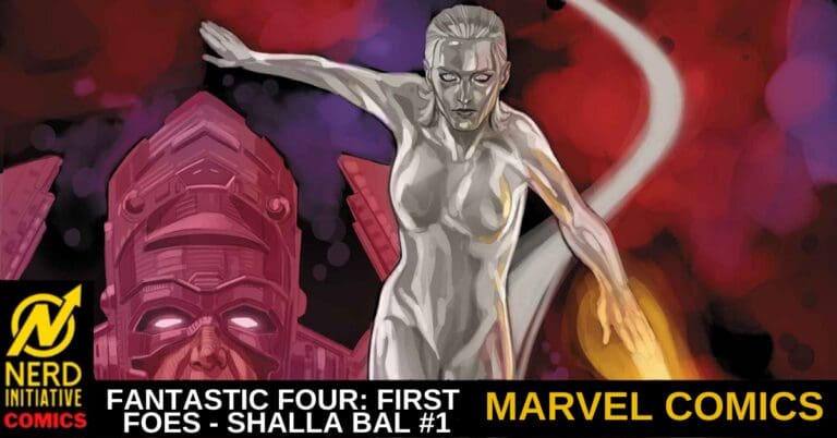 Comic-style illustration of a silver-skinned female superhero leaping beside a red robotic statue, with a title banner reading 'Fantastic Four: First Foes - Shalla Bal #1' Marvel Comics.
