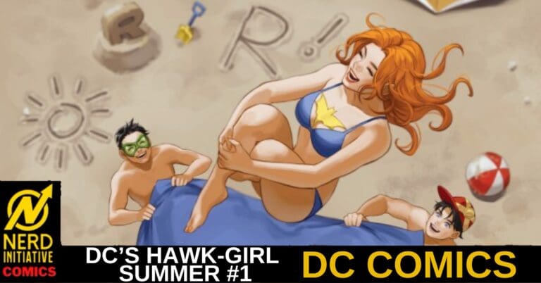 Banner illustration for DC Comics: a red-haired woman in a blue bikini on a sunny beach with the text 'DC’s Hawk-Girl Summer #1' and 'DC Comics' overlaid.
