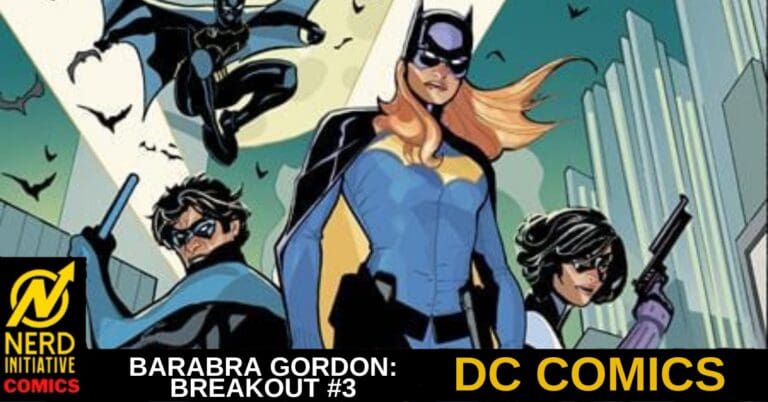 Group of DC Comics heroes posing in a city skyline: Batgirl center, Batman left, female ally right, with a bold 'DC Comics' caption at bottom.
