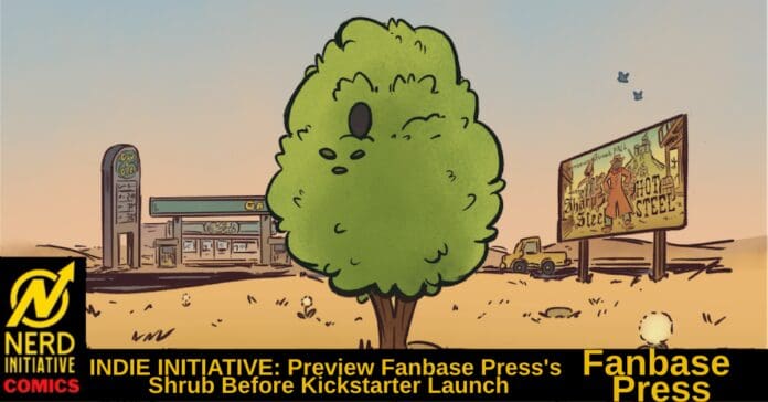 Cartoon desert scene with a large leafy shrub in the foreground, gas station left, billboard right, and a black banner with yellow text along the bottom.