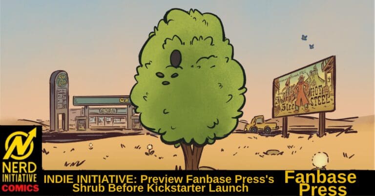 Cartoon desert scene with a large leafy shrub in the foreground, gas station left, billboard right, and a black banner with yellow text along the bottom.