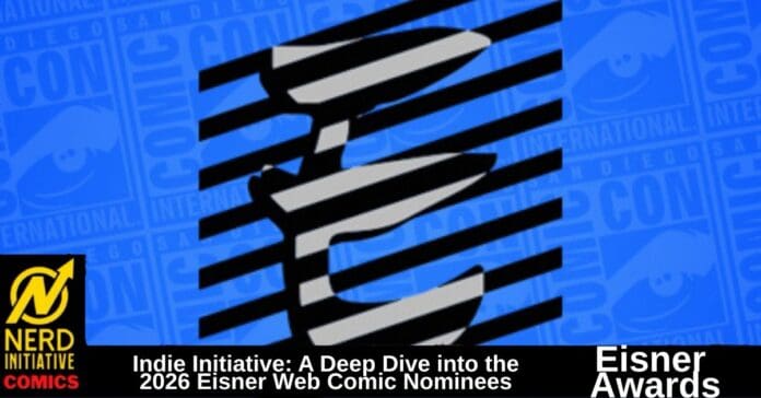 Header image for a Nerd Initiative Comics article about the 2026 Eisner Web Comic Nominees: blue Comic-Con patterned background with Eisner branding and bottom captions.