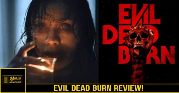 Split-screen thumbnail: terrified woman holding a drink on the left, red Evil Dead Burn title with a skull on the right, and a 'Evil Dead Burn Review' banner at the bottom.