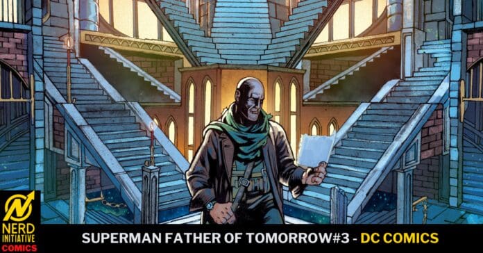 Comic cover: a serious man in a cloak stands in a grand stairwell, title at bottom reads 'Superman Father of Tomorrow #3 - DC Comics'
