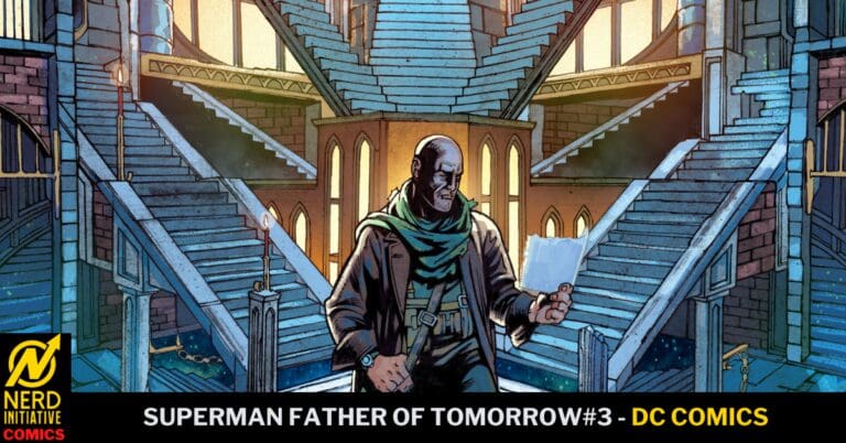 Comic cover: a serious man in a cloak stands in a grand stairwell, title at bottom reads 'Superman Father of Tomorrow #3 - DC Comics'
