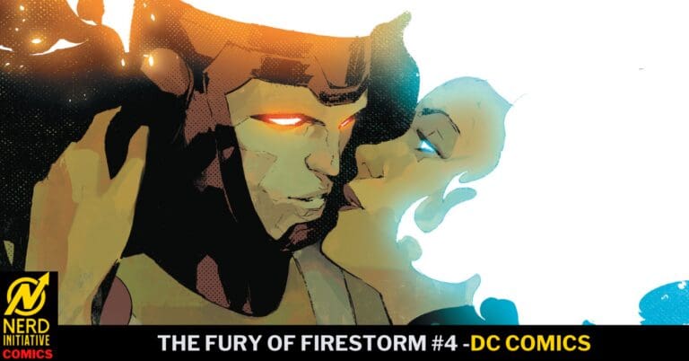Comic book cover for The Fury of Firestorm #4 (DC Comics), two figures embracing with warm orange glow and a Nerd Initiative Comics logo bottom left.