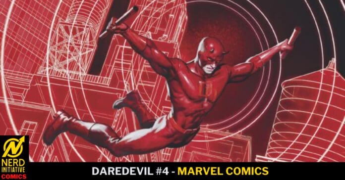 Daredevil swings through a red city skyline on a Marvel Comics cover for Daredevil #4; Nerd Initiative Comics logo in the bottom-left corner.