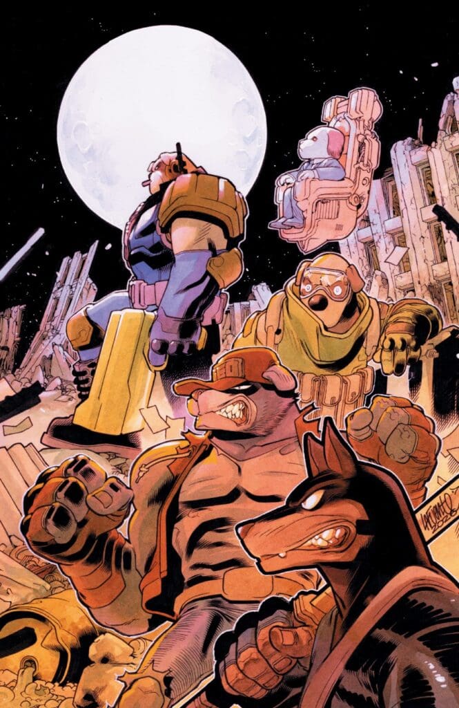Group of anthropomorphic animal soldiers in futuristic armor standing amid wreckage on a rocky lunar-like landscape under a full moon; one in orange armor, a muscular tiger-like fighter, a bear wearing goggles, and a dark horse-like figure in the foreground ready for action.