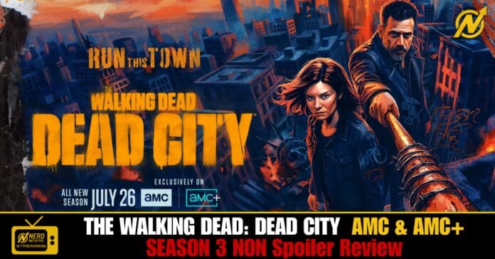 Promo banner for The Walking Dead: Dead City with two characters in a burning ruined city, large orange title and AMC logos.
