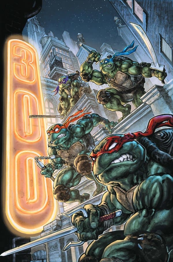 Four green Teenage Mutant Ninja Turtles in bandanas fight with swords and nunchuks on a city street at night, neon sign glowing beside them.