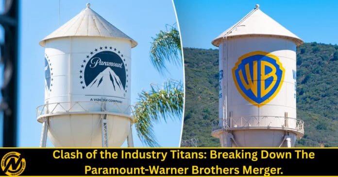 Split image of two water towers: left with Paramount logo, right with Warner Bros shield; caption reads 'Clash of the Industry Titans: Breaking Down The Paramount-Warner Brothers Merger'