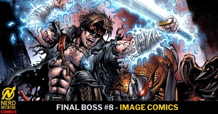 Muscular sword-wielding hero battles a armored foe as blue energy swirls around them in a dynamic comic panel.