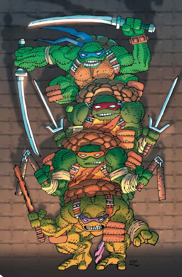Four green Teenage Mutant Ninja Turtles wearing colored masks are stacked in a towering pose, each wielding their signature weapons in a graffiti mural background.