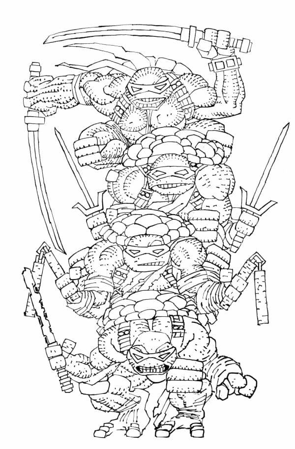 Line drawing of five Ninja Turtles stacked on top of each other, wearing masks and wielding various weapons (long swords and bladed staffs).
