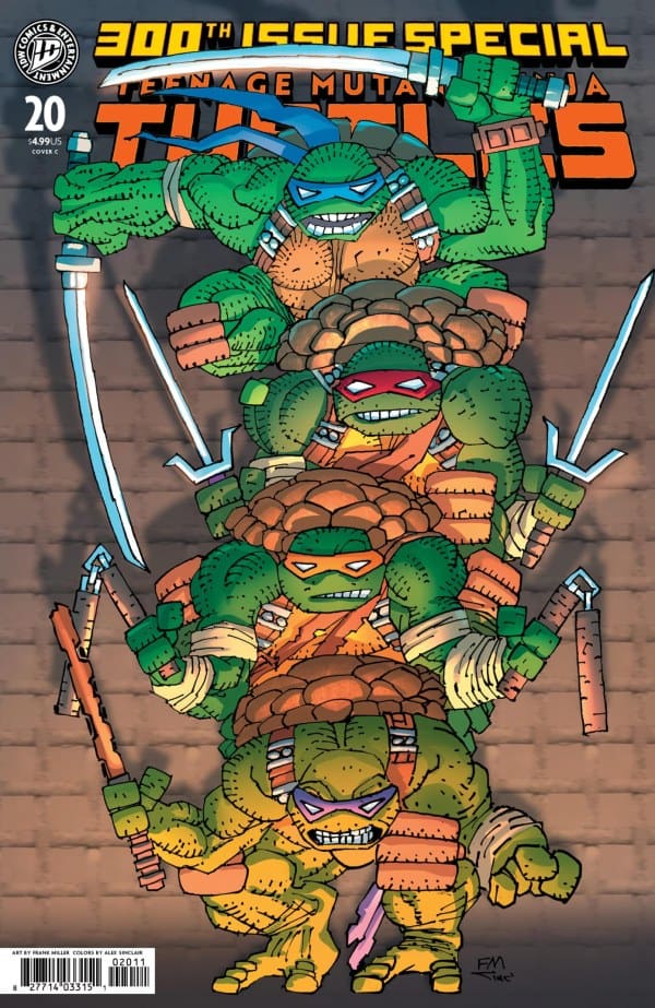 TMNT 300th Issue Special cover: four ninja turtles stacked atop each other with swords and weapons ready for battle, colorful comic art.