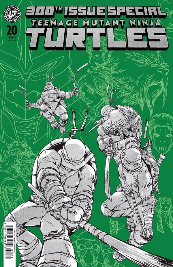 Comic book cover featuring four Ninja Turtles in dynamic combat poses with swords against a green background and bold TMNT title text.