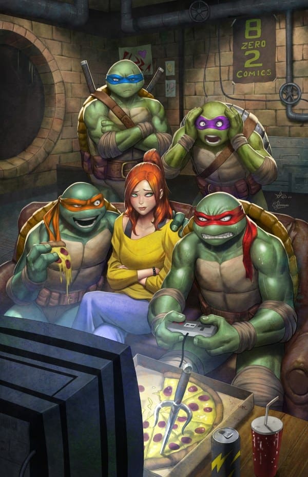 Group portrait of four Teenage Mutant Ninja Turtles and a red-haired woman (April O'Neil) sitting on a couch in a dim lair, watching a TV and playing a video game together with pizza and drinks nearby.