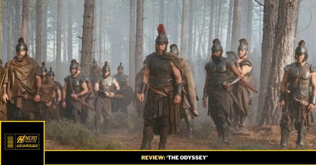Group of Spartans marching through a misty forest, led by a central warrior with a red-plumed helmet, during a battle scene.