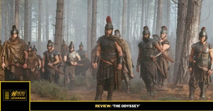 Group of Spartans marching through a misty forest, led by a central warrior with a red-plumed helmet, during a battle scene.