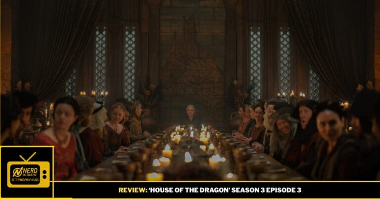 Dim medieval banquet hall with a long candlelit table and guests in period dress, centered figure at the far end; yellow banner and logo at the bottom left.