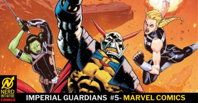 Imperial Guardians #5 cover: central armored villain raises a fist, flanked by a green-skinned fighter (left) and a blonde heroine (right).