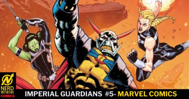 Imperial Guardians #5 cover: central armored villain raises a fist, flanked by a green-skinned fighter (left) and a blonde heroine (right).