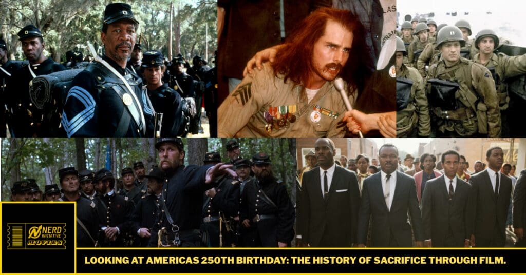 Collage of historical military scenes from films, including uniformed soldiers, a man with medals speaking into a microphone, and a formal procession, below a promotional banner.