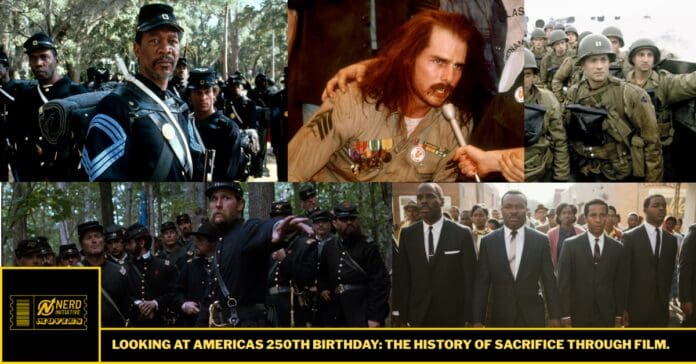 Collage of historical military scenes from films, including uniformed soldiers, a man with medals speaking into a microphone, and a formal procession, below a promotional banner.