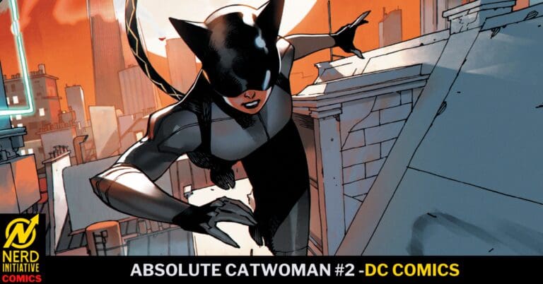 Catwoman in a black suit leaps across a rooftop with an orange city skyline in the background; bottom banner reads 'ABSOLUTE CATWOMAN #2 – DC COMICS'